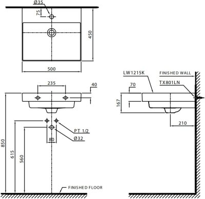LW1215CK อ่างล้างหน้า แบบแขวนผนัง