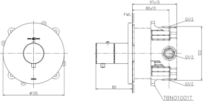 TBV01406T#PBR ก๊อกผสมชนิดฝังผนัง แบบปรับอุณหภูมิคงที่ สำหรับน้ำออก 3 ทาง *1