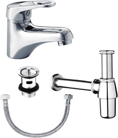 KFA-029-610 ชุดเซ็ทก๊อกเดี่ยวอ่างล้างหน้าแบบก้านโยก สะดืออ่าง ท่อน้ำทิ้ง และสายน้ำดียาว 16 นิ้ว