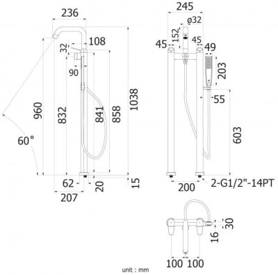 HFVSB-4002C5 ก๊อกคู่ผสมอ่างอาบน้ำแบบตั้งพื้นพร้อมฝักบัวมือถือ2"x4" รุ่น CONTOUR