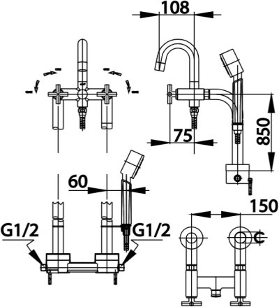 CT249C16XZ79 ก๊อกผสมอ่างอาบน้ำพร้อมขาสูง 85 ซม. ติดตั้งบนพื้นพร้อมฝักบัวสายอ่อน 1 ฟังก์ชั่น รุ่น CROSS
