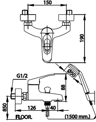 CT2172E ก๊อกผสมอ่างอาบน้ำแบบก้านโยกพร้อมฝักบัว รุ่น ARONA V II