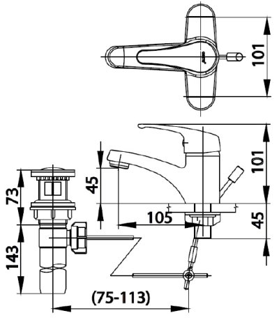 CT2170A ก๊อกผสมอ่างล้างหน้าแบบก้านโยก ชนิดเซ็นเตอร์ 4 นิ้ว พร้อมสะดือป๊อปอัพ รุ่น ARONA V