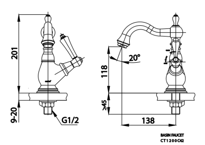CT1200C42#GR ก๊อกเดี่ยวอ่างล้างหน้า รุ่น GLAMIS (มือจับ CERAMIC)