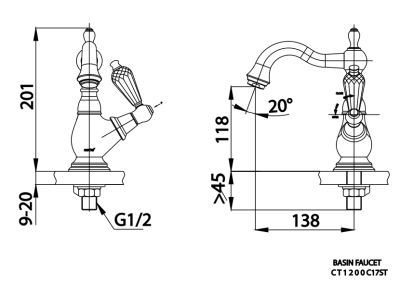 CT1200C17ST#GR ก๊อกเดี่ยวอ่างล้างหน้า รุ่น GLAMIS (มือจับ CRYSTAL)