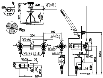 CT2079C25STW#CUO วาล์วผสมเปิด-ปิดน้ำชนิดฝังผนัง พร้อมฝักบัวก้านแข็ง ชนิดออกจากเพดานและฝักบัวสายอ่อน 1 ฟังก์ชั่น รุ่น HIMMAPAN