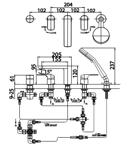 CT2125Z90 ก๊อกผสมติดอ่างอาบน้ำพร้อมฝักบัวสายอ่อน 3 ฟังก์ชั่น รุ่น SCIROCCO