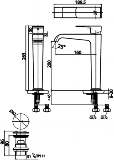CT2191A ก๊อกผสมอ่างล้างหน้าแบบก้านโยกพร้อมสะดือป๊อบอัพและสายน้ำดี(ทรงสูง) รุ่น SONATA