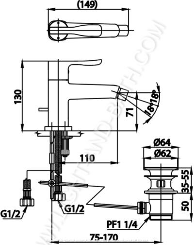CT2181A ก๊อกผสมโถบิเด้แบบก้านโยกพร้อมสะดือป๊อบอัพและสายน้ำดี รุ่น PATCHWORK