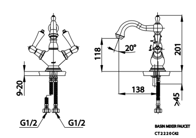 CT2220C42#GR ก๊อกผสมอ่างล้างหน้าแบบโมโนบล็อค พร้อมสะดือแบบกดและสายน้ำดี รุ่น GLAMIS (มือจับ CERAMIC)