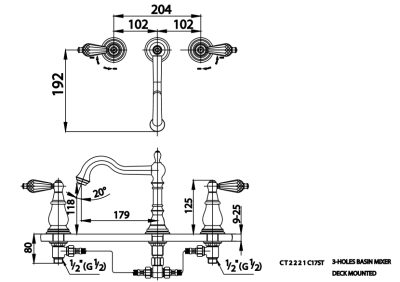 CT2221C17ST#GR ก๊อกผสมอ่างล้างหน้า เซ็นเตอร์ 8 นิ้ว รุ่น GLAMIS (มือจับ CRYSTAL)