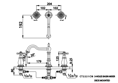 CT2221C18#GR ก๊อกผสมอ่างล้างหน้า เซ็นเตอร์ 8 นิ้ว รุ่น GLAMIS