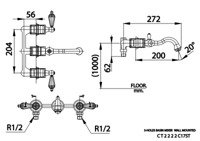 CT2222C17ST#GR ก๊อกผสมอ่างล้างหน้า แบบติดผนัง เซ็นเตอร์ 8 นิ้ว รุ่น GLAMIS (มือจับ CRYSTAL)