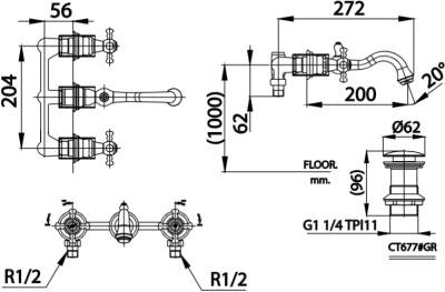 CT2222C18 ก๊อกผสมอ่างล้างหน้า แบบติดผนัง เซ็นเตอร์ 8 นิ้ว รุ่น GLAMIS