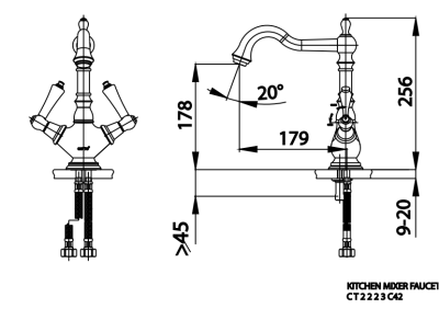 CT2223C42 ก๊อกผสมอ่างล้างหน้าแบบโมโนบล็อคทรงสูงพร้อมสะดือแบบกดและสายน้ำดี รุ่น GLAMIS (มือจับ CERAMIC)