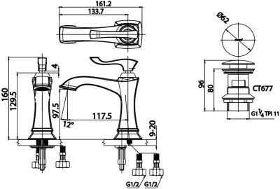 CT2230A#GRM ก๊อกผสมอ่างล้างหน้า พร้อมสะดือแบบกดและสายน้ำดี รุ่น EVERETT