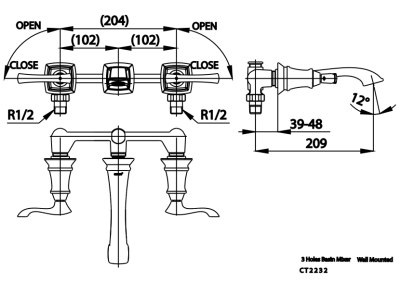 CT2232#GRM ก๊อกผสมอ่างล้างหน้า แบบติดผนัง เซ็นเตอร์ 8 นิ้ว รุ่น EVERETT