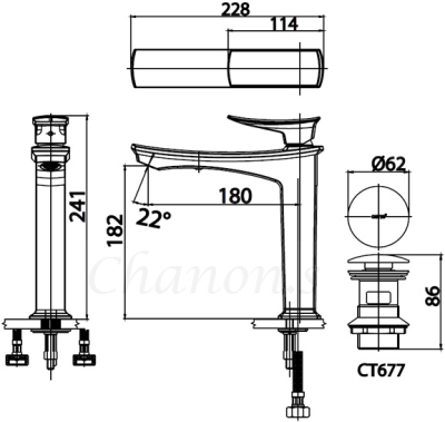 CT2252A#BLBR ก๊อกผสมอ่างล้างหน้า แบบก้านโยก (ทรงสูง) พร้อมสะดือป๊อปอัพและสายน้ำดี รุ่น THANTARA
