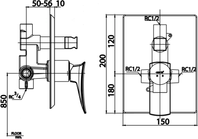 CT2255A#BLBR วาล์วผสมเปิด-ปิดน้ำแบบก้านโยกชนิดฝังผนังพร้อมวาล์วเปลี่ยนทิศทางน้ำ รุ่น THANTARA