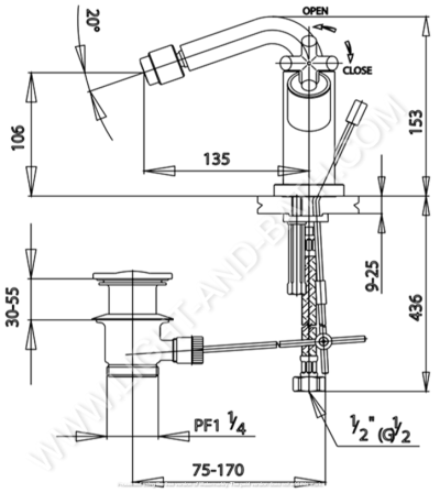 CT230C16 ก๊อกผสมโถบิเด้โมโนบลอค พร้อมสะดือแบบป๊อปอัพและสายน้ำดี รุ่น CROSS
