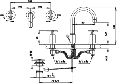 CT238C16 ก๊อกผสมอ่างล้างหน้าเซ็นเตอร์ 8 นิ้ว พร้อมสะดืออ่างล้างหน้าแบบป๊อปอัพ รุ่น CROSS