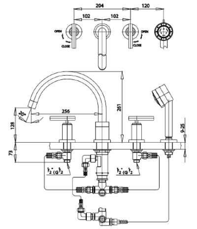 CT255C20S41 ก๊อกผสมติดอ่างอาบน้ำพร้อมฝักบัวสายอ่อน 3 ฟังก์ชั่น รุ่น CROSS