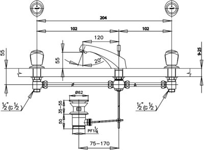 CT271C11 ก๊อกผสมอ่างล้างหน้าเซ็นเตอร์ 8 นิ้ว พร้อมสะดืออ่างล้างหน้าแบบป๊อปอัพ รุ่น NEW CENTURY