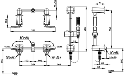 CT326C31 วาล์วผสมเปิด-ปิดน้ำชนิดฝังผนังพร้อมฝักบัวอาบน้ำและราวแขวนปรับระดับ รุ่น GLACIER