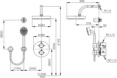 CT3015ZH016 ชุดวาล์วฝังผนังพร้อมฝักบัวสายอ่อน 1 ฟังก์ชันและฝักบัวก้านแข็ง รุ่น  OVAL