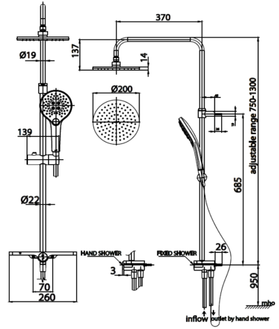 CT6211 ชุดฝักบัวยืนอาบน้ำพร้อมวาล์วเปลี่ยนทิศทางน้ำแบบกดและชั้นวางของ