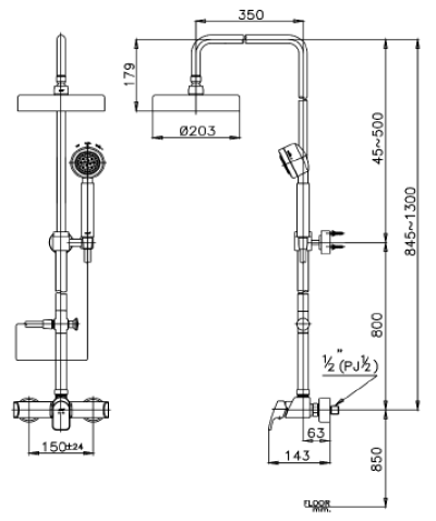 CT2042W ก๊อกผสมยืนอาบน้ำพร้อมวาล์วควบคุม, ฝักบัวก้านแข็งและฝักบัวสายอ่อน รุ่น SQUARE