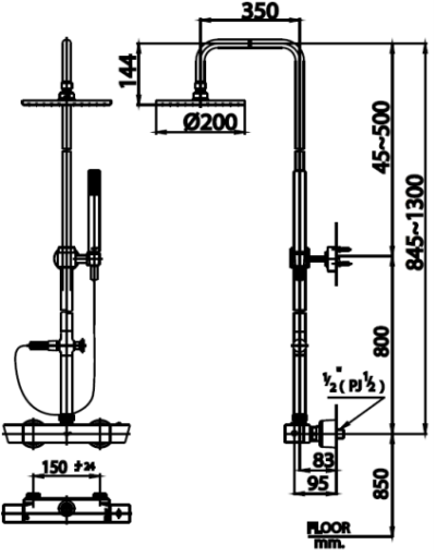 CT2085W ก๊อกผสมยืนอาบน้ำพร้อมวาล์วควบคุมอุณหภูมิพร้อมฝักบัวสายอ่อน 1 ฟังก์ชั่นและฝักบัวก้านแข็งขนาด 8 นิ้ว รุ่น SQUARE