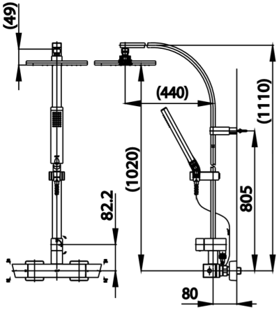 CT2134W ก๊อกผสมยืนอาบน้ำพร้อมฝักบัวสายอ่อน 1 ฟังก์ชั่นและฝักบัวก้านแข็ง 8"x8"