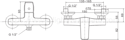 A-0412-300B ก๊อกผสมยืนอาบ แบบติดผนัง ไม่รวมชุดฝักบัว รุ่น CONCEPT SQUARE