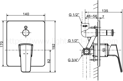 A-0421-400B ก๊อกผสมอ่างอาบน้ำ แบบฝังผนัง (เฉพาะวาล์ว) รุ่น CONCEPT SQUARE