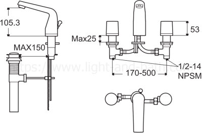 A-0503-130B ก๊อกผสมอ่างล้างหน้า ชนิด 3 รูก๊อก ไม่รวมสะดืออ่างและสต็อปวาล์ว รุ่น LA VITA