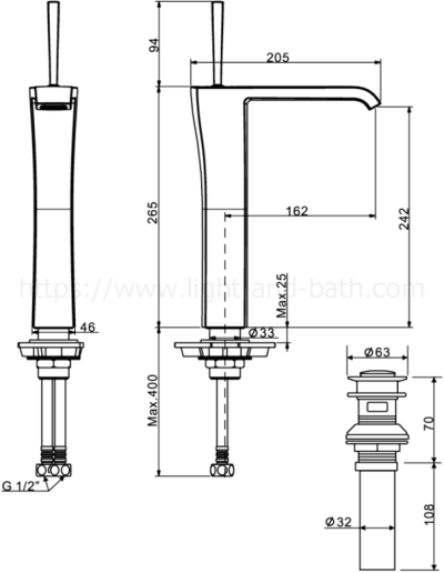 A-0603-110 ก๊อกผสมอ่างล้างหน้า แบบทรงสูง พร้อมสะดืออ่างและสต๊อปวาล์ว รุ่น NOBILE