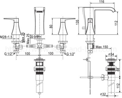A-0604-130B ก๊อกผสมอ่างล้างหน้า ชนิด 3 รูก๊อก ไม่รวมสะดืออ่างและสต็อปวาล์ว รุ่น NOBILE