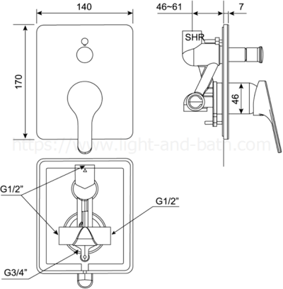 A-1421-400B ก๊อกผสมอ่างอาบน้ำ แบบฝังผนัง (เฉพาะวาล์ว) รุ่น CONCEPT
