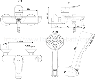FFAS0911-6T2500BT0 ก๊อกผสมอ่างอาบน้ำและยืนอาบ พร้อมชุดฝักบัว รุ่น MILANO