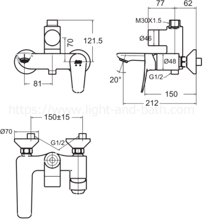 FFAS0972-7T2500BT0 ก๊อกผสมลงอ่าง/ยืนอาบ/สำหรับชุดเรนชาวเวอร์ รุ่น MILANO