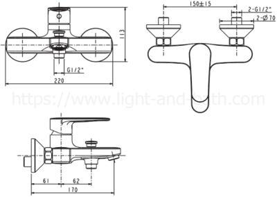 FFASB211-6T1500BT0 ก๊อกผสมอ่างอาบน้ำและยืนอาบแบบติดผนัง พร้อมชุดฝักบัวสายอ่อน รุ่น CODIE
