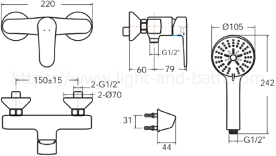 FFASB212-7T1500BT0 ก๊อกผสมยืนอาบแบบติดผนัง พร้อมชุดฝักบัว รุ่น CODIE
