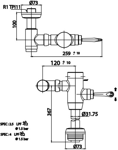 CT440XNS ฟลัชวาล์วโถสุขภัณฑ์มีล็อคในตัวชนิด TOP INLET 2/4.5 ลิตร