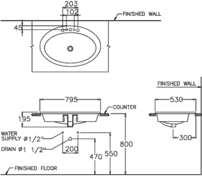 C019 อ่างล้างหน้า แบบฝังบนเคาน์เตอร์ รุ่น ELLIPSE
