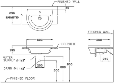 C02137 อ่างล้างหน้า แบบฝังครึ่งเคาน์เตอร์ รุ่น OPERA