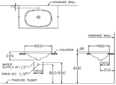 C05867 อ่างล้างหน้า แบบฝังบนเคาน์เตอร์ รุ่น CHLOE