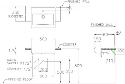 C02237 อ่างล้างหน้า แบบฝังครึ่งเคาน์เตอร์ รุ่น RIVIERA