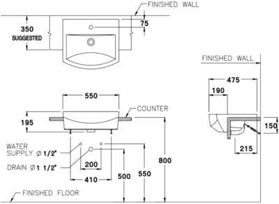 C02427 อ่างล้างหน้า แบบฝังครึ่งเคาน์เตอร์ รุ่น TETRAGON