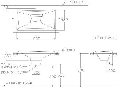 C09077 อ่างล้างหน้า แบบฝังบนเคาน์เตอร์ รุ่น GLACIER